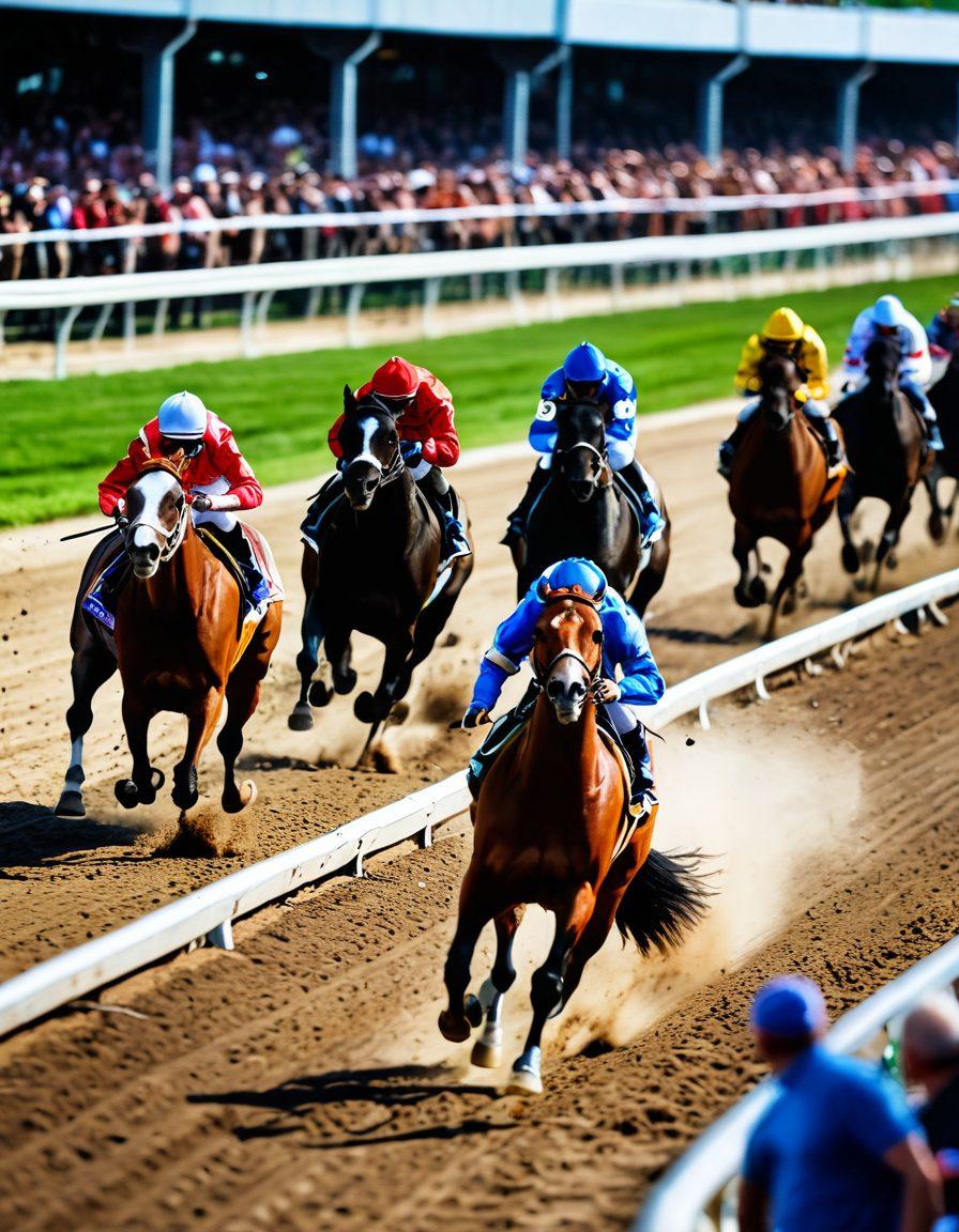 A dynamic scene capturing a thrilling horse race at Batavia Downs, with focused horses racing down the track, jockeys in vibrant colors, and an excited crowd cheering in the background. Include elements of gaming such as colorful slot machines and gaming tables subtly integrated into the environment. The atmosphere should be lively and energetic, showcasing both the excitement of the race and the gaming experience. super-realistic. vibrant colors. action-packed.