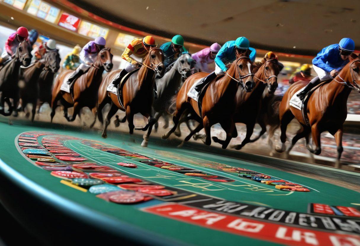 A dynamic collage featuring a sleek racetrack with thoroughbreds racing, a vibrant casino filled with colorful slot machines and lively players, and excited fans cheering in the stands. Include elements like sports betting slips and poker chips scattered around to enhance the theme of sports entertainment. The scene should convey excitement and energy, combining both the thrill of racing and the allure of gambling. super-realistic. vibrant colors. white background.