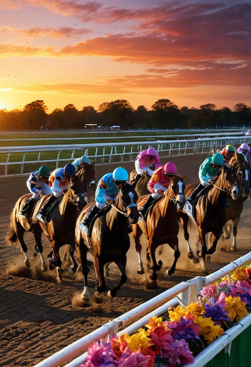 A vibrant scene at Batavia Racecourse capturing the excitement of a horse racing event with colorful jockeys riding spirited horses, enthusiastic spectators cheering in the stands, and betting odds displayed prominently. Include elements like race flags fluttering in the wind and a festive atmosphere with confetti in the air. The sun setting in the background adds warmth to the scene. super-realistic. vibrant colors. dynamic composition.